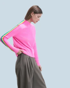 FROM FUTURE Pull Col Montant Bandes Manches Multicolores Léger DreamyPink Discount
