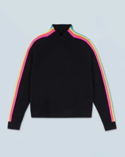 FROM FUTURE Pull Col Montant Bandes Manches Multicolores Léger Noir Hot