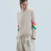 FROM FUTURE Pull Col Montant Bandes Manches Multicolore Léger BeigeChiné Clearance