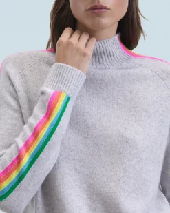 FROM FUTURE Pull Col Montant Bandes Manches Multicolores Léger GrisChinéClair Cheap