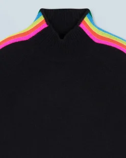 FROM FUTURE Pull Col Montant Bandes Manches Multicolores Léger Noir Hot