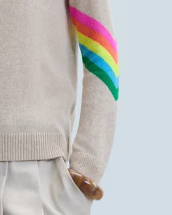FROM FUTURE Pull Col Montant Bandes Manches Multicolore Léger BeigeChiné Clearance