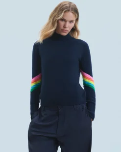 FROM FUTURE Pull Col Montant Bandes Manches Multicolore Léger GrisChinéFoncé Best Sale