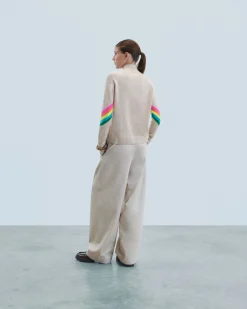 FROM FUTURE Pull Col Montant Bandes Manches Multicolore Léger BeigeChiné Clearance