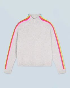 FROM FUTURE Pull Col Montant Bandes Manches Multicolores Léger GrisChinéClair Cheap