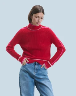 FROM FUTURE Pull Col Montant Tricolore Maille Perlée BrightRed Discount
