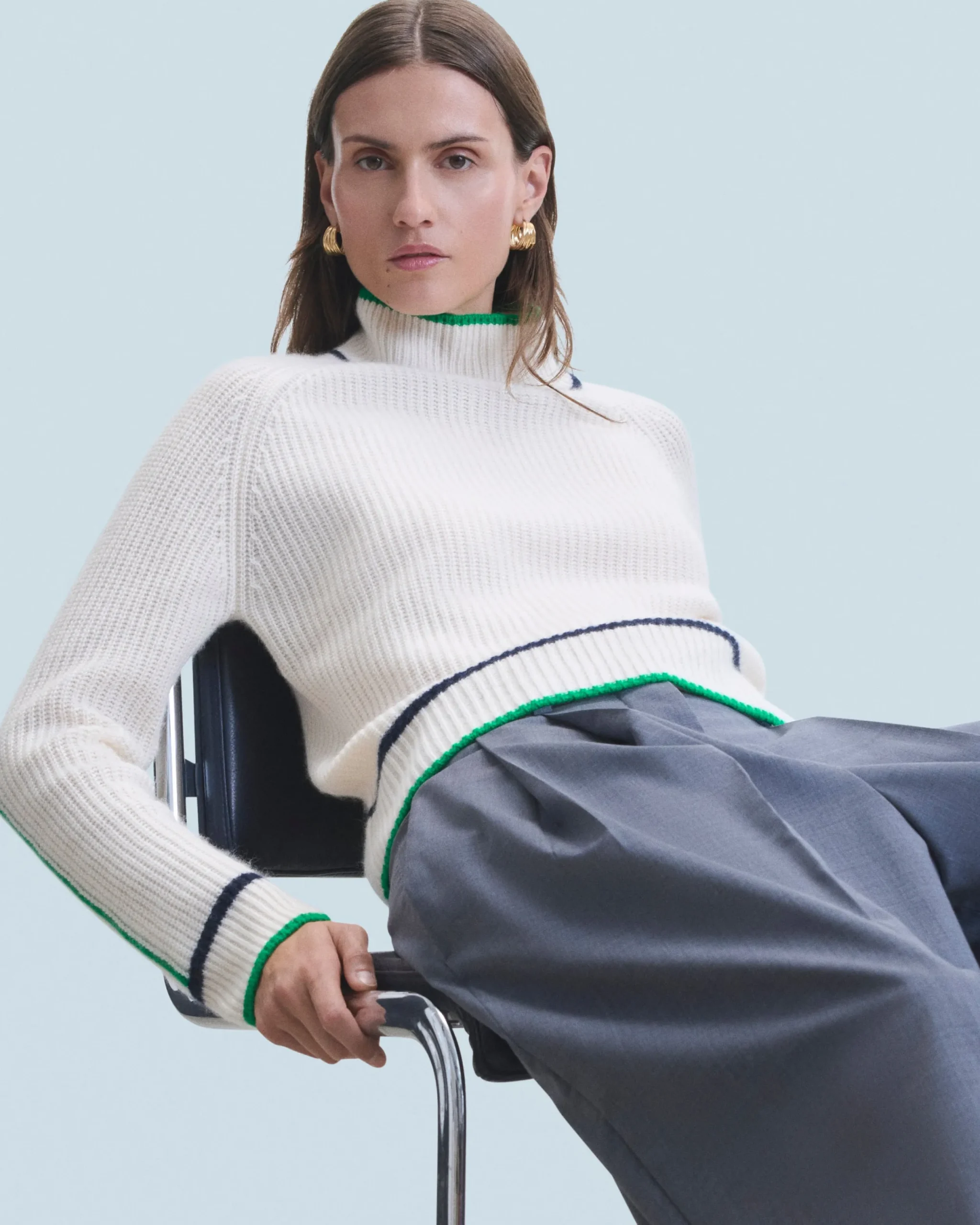 FROM FUTURE Pull Col Montant Tricolore Maille Perlée Ecru Shop