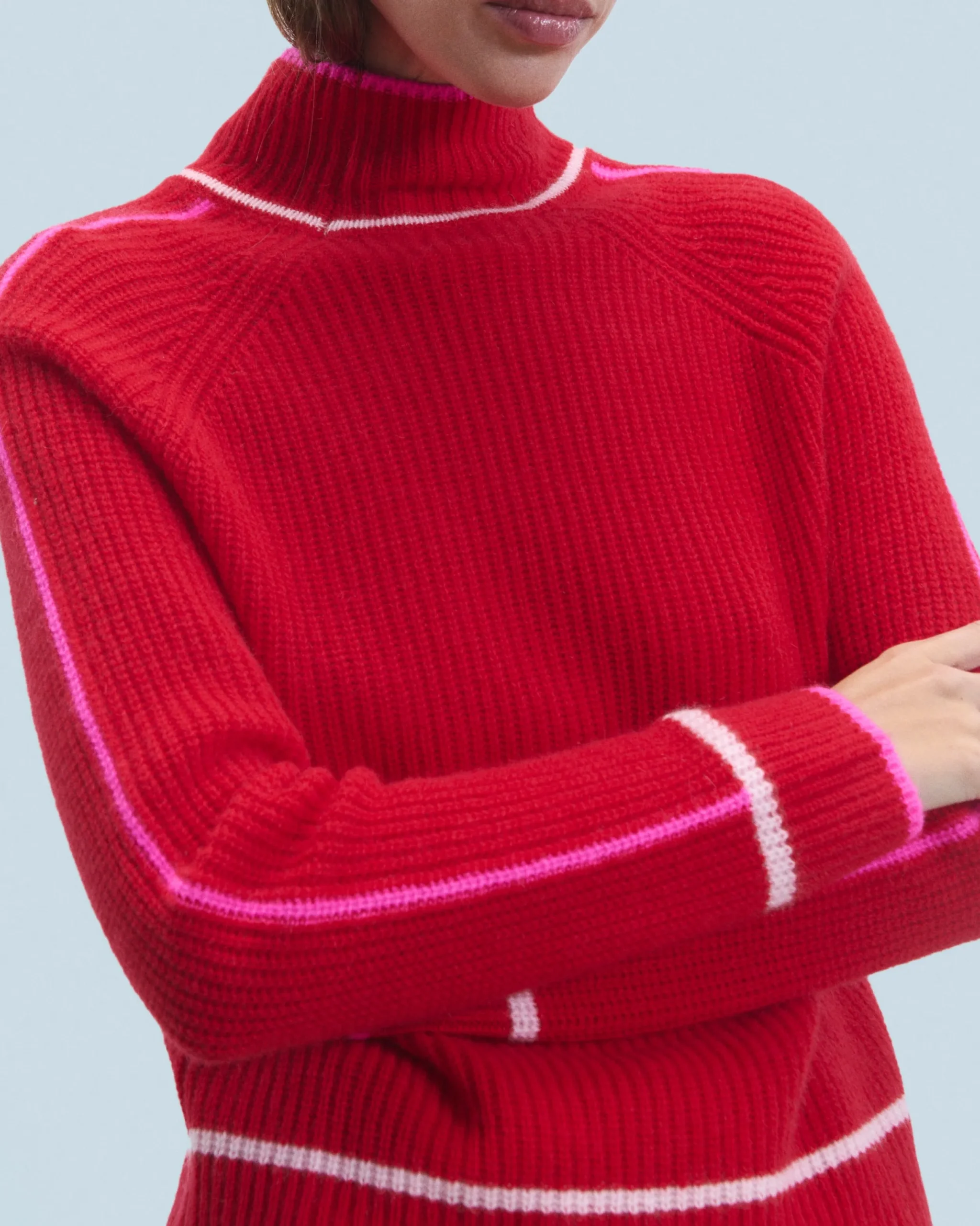 FROM FUTURE Pull Col Montant Tricolore Maille Perlée BrightRed Discount