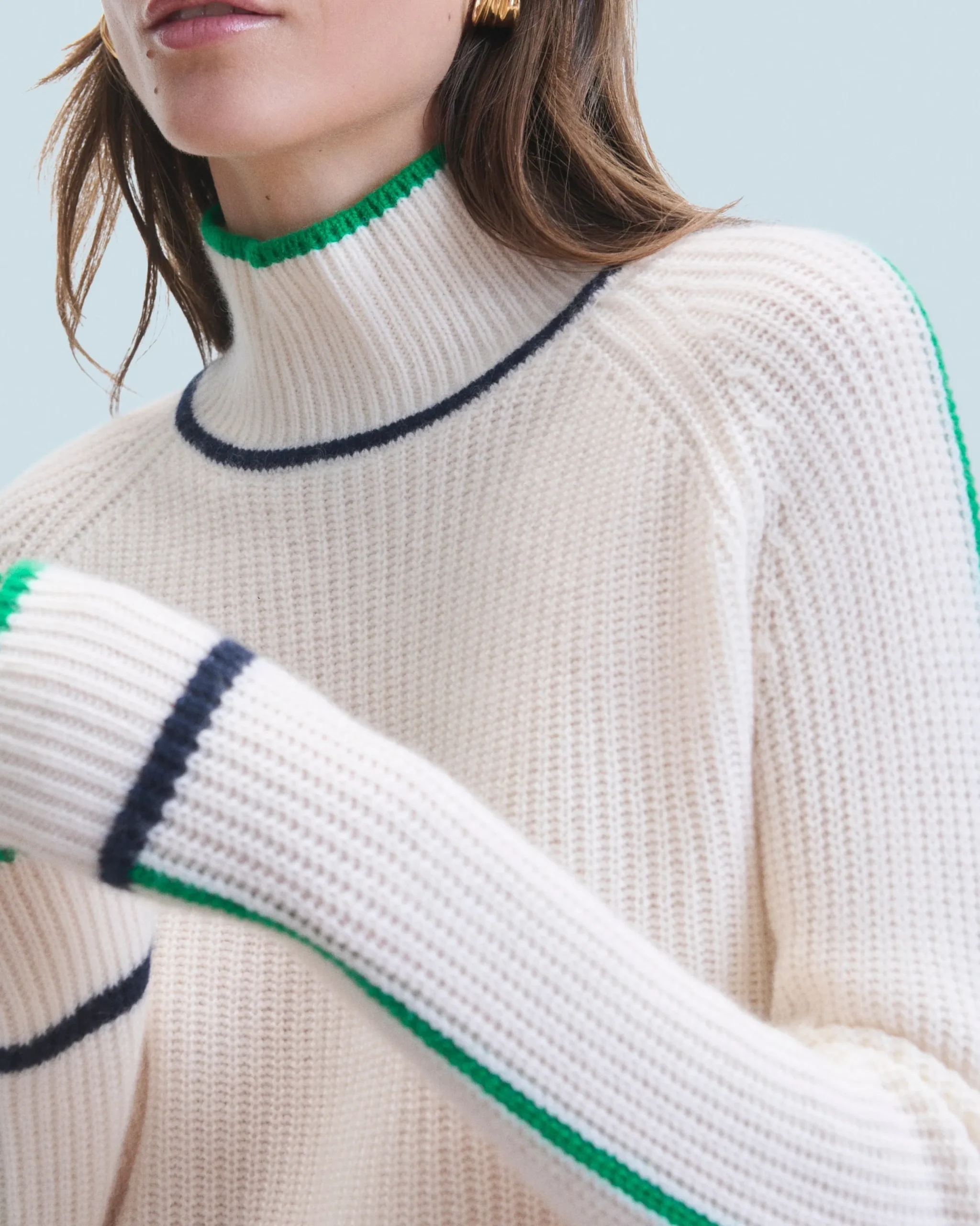 FROM FUTURE Pull Col Montant Tricolore Maille Perlée Ecru Shop