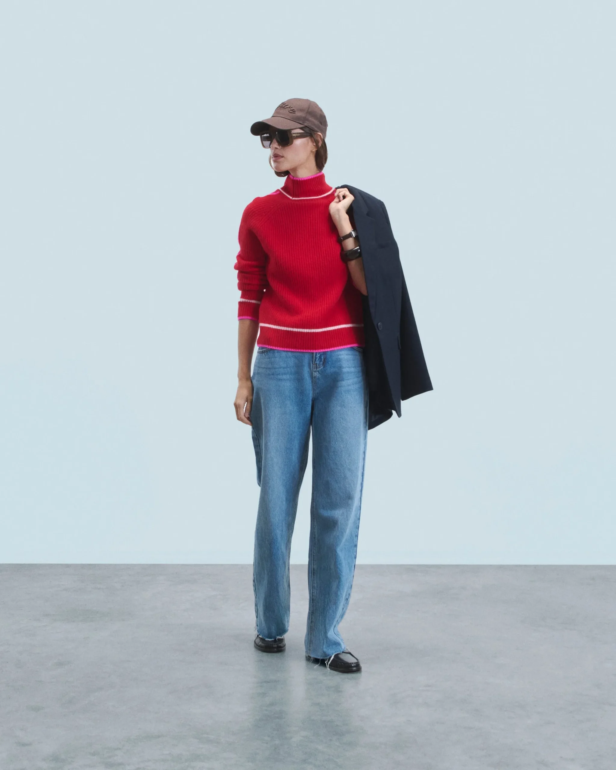 FROM FUTURE Pull Col Montant Tricolore Maille Perlée BrightRed Discount