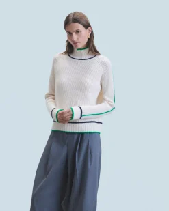 FROM FUTURE Pull Col Montant Tricolore Maille Perlée Ecru Shop