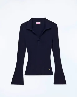 FROM FUTURE Pull Col Polo à Côtes Bijou Navy Shop