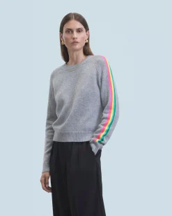 FROM FUTURE Pull Col Rond Bandes Manches Multicolore GrisChinéFoncé Hot