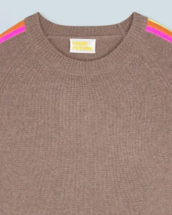 FROM FUTURE Pull Col Rond Bandes Manches Multicolore Taupe New