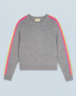 FROM FUTURE Pull Col Rond Bandes Manches Multicolore GrisChinéFoncé Hot