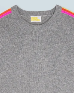 FROM FUTURE Pull Col Rond Bandes Manches Multicolore GrisChinéFoncé Hot