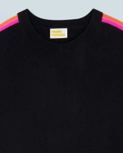 FROM FUTURE Pull Col Rond Bandes Manches Multicolore Noir Cheap