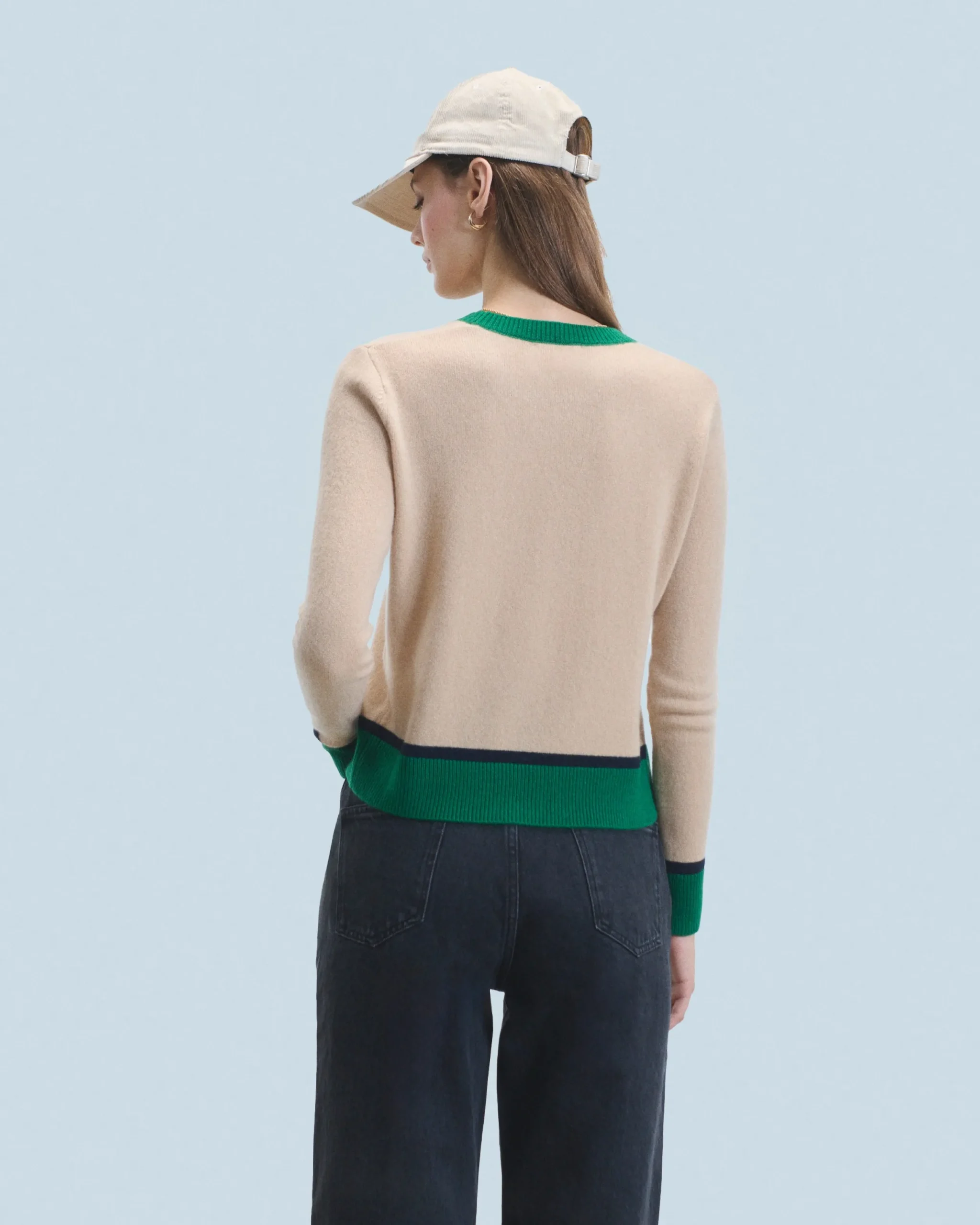 FROM FUTURE Pull Col Rond Bicolore Contraste Léger Beige Sale