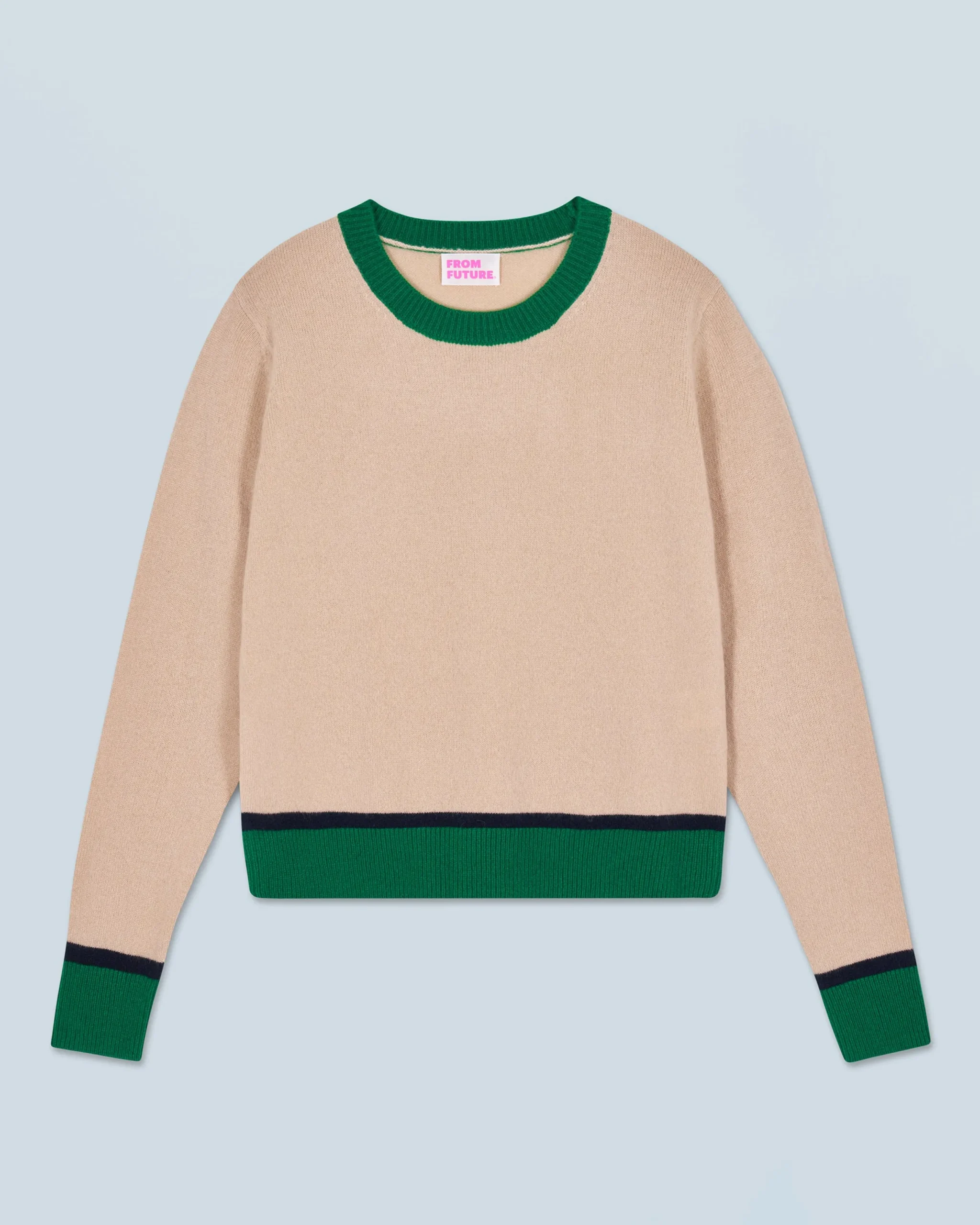 FROM FUTURE Pull Col Rond Bicolore Contraste Léger Beige Sale