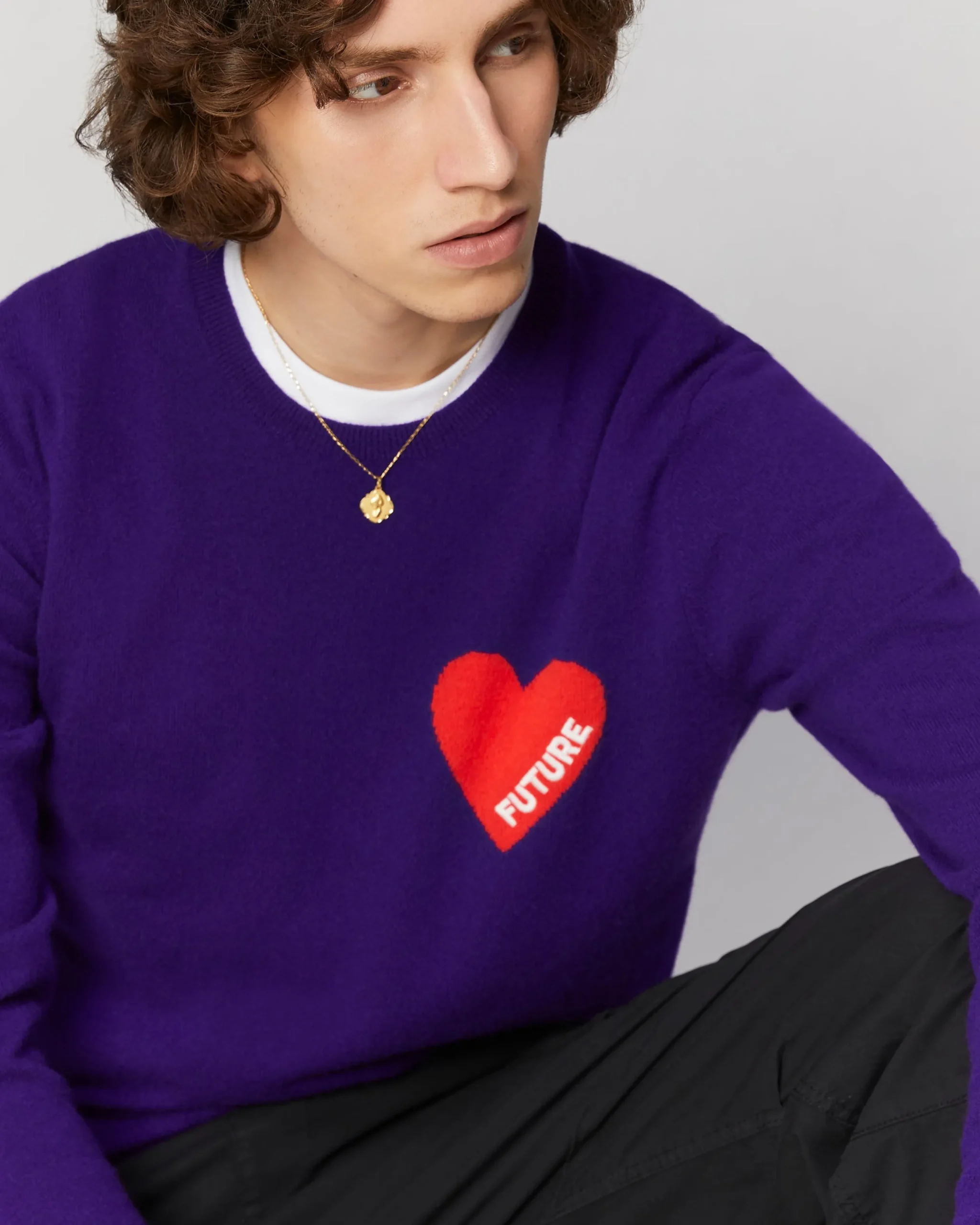 FROM FUTURE Pull Col Rond Coeur GrisChinéFoncé New