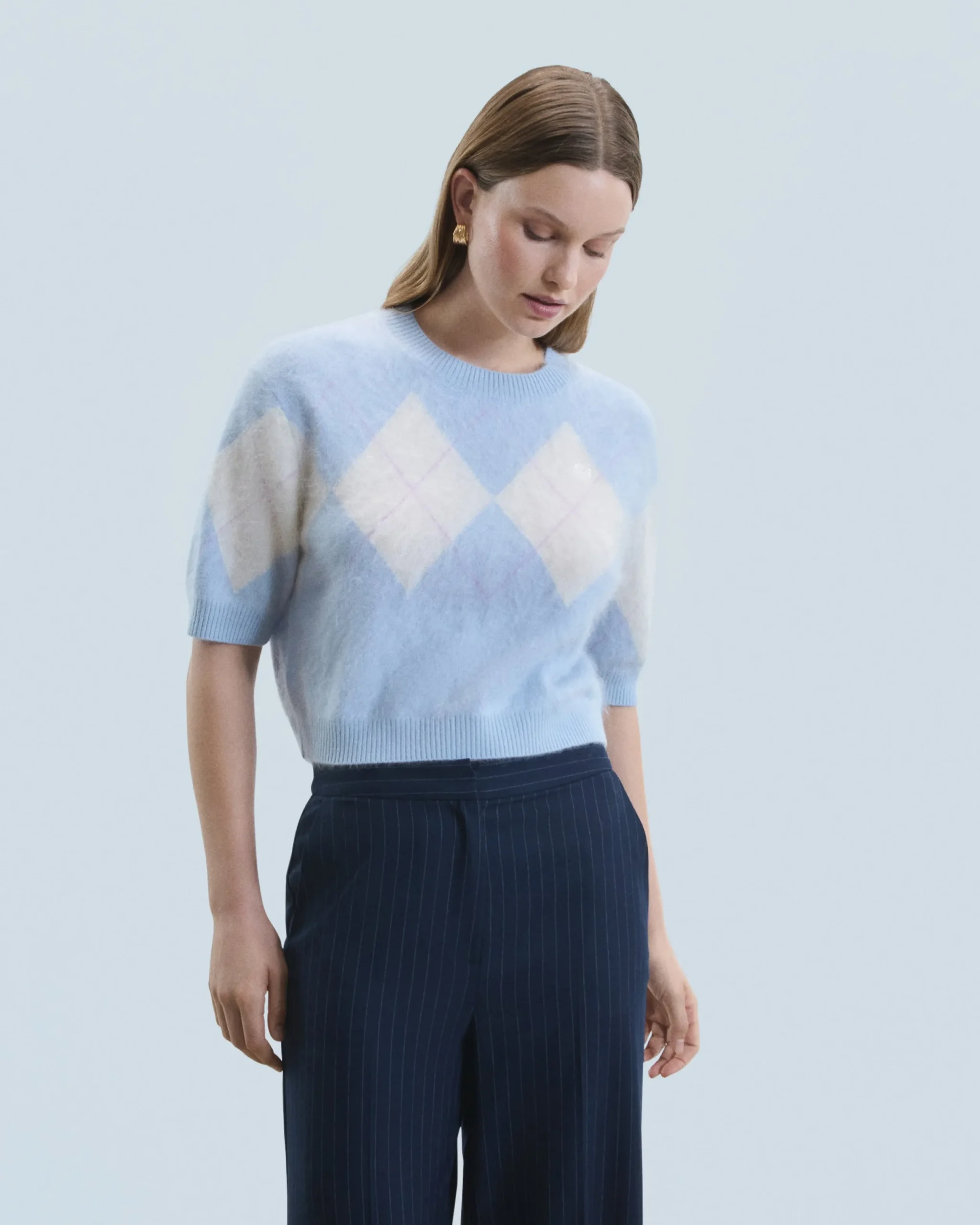 FROM FUTURE Pull Col Rond en Cachemire Brossé à Motif Losange BabyBlue Outlet