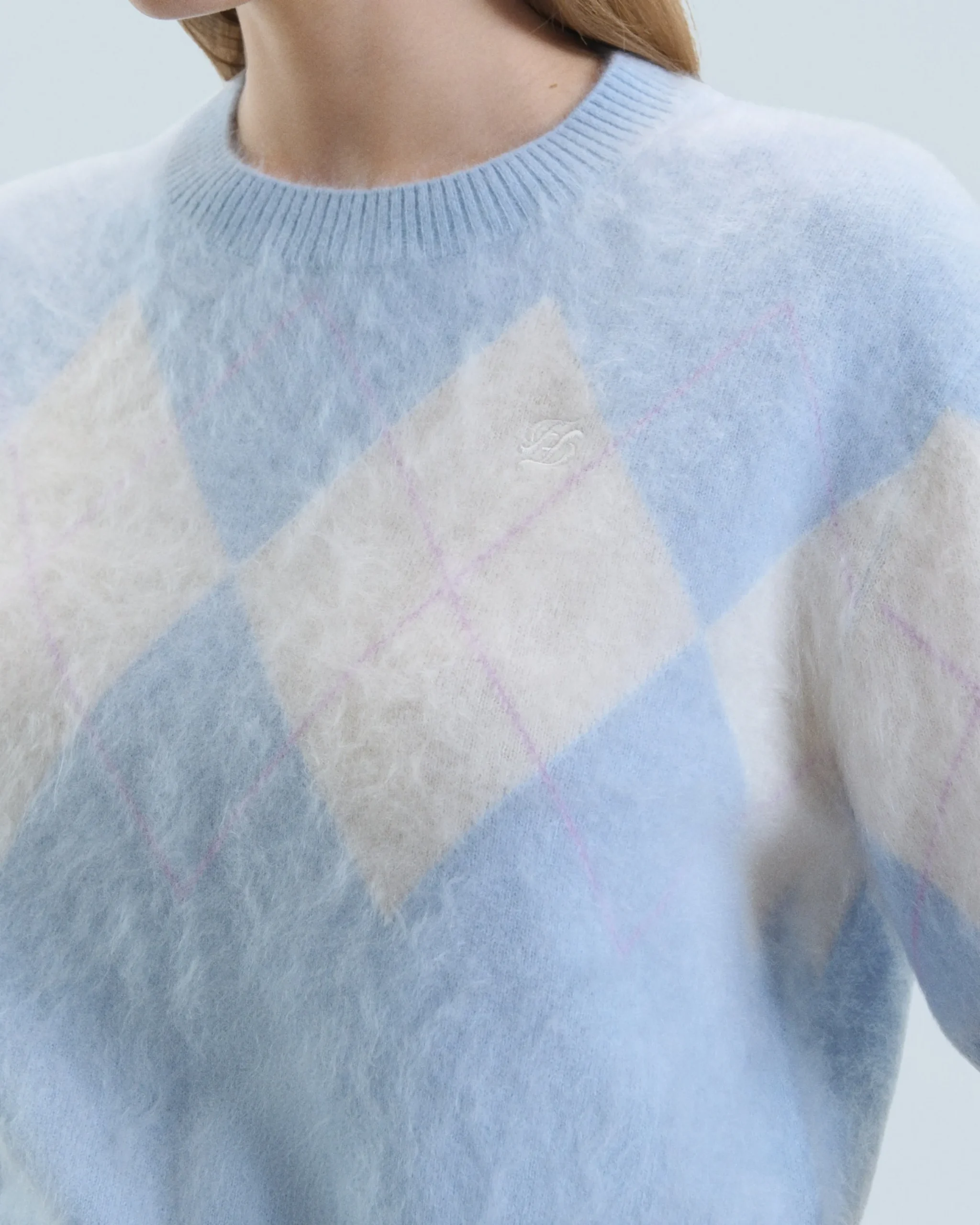 FROM FUTURE Pull Col Rond en Cachemire Brossé à Motif Losange BabyBlue Outlet