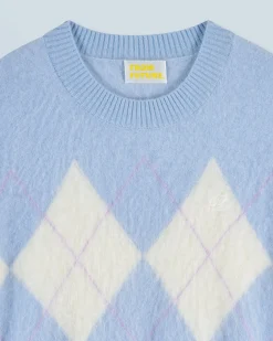 FROM FUTURE Pull Col Rond en Cachemire Brossé à Motif Losange BabyBlue Outlet