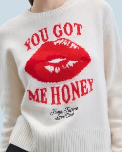 FROM FUTURE Pull Col Rond Red Lips Ecru Outlet