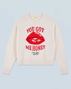 FROM FUTURE Pull Col Rond Red Lips Ecru Outlet