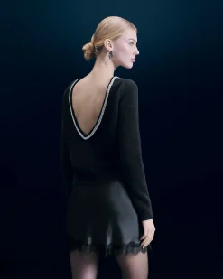 FROM FUTURE Pull Col Rond Strass Dos Nu Noir Cheap