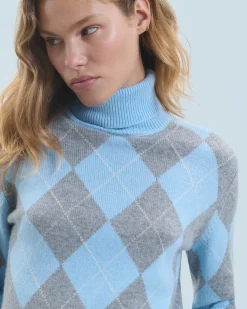 FROM FUTURE Pull Col Roulé à Motif Losange BabyBlue Online