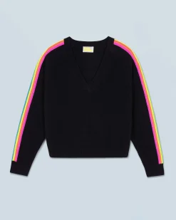 FROM FUTURE Pull Col V Bandes Manches Multicolore Noir Sale