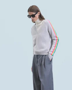 FROM FUTURE Pull Col V Bandes Manches Multicolore GrisChinéClair Sale