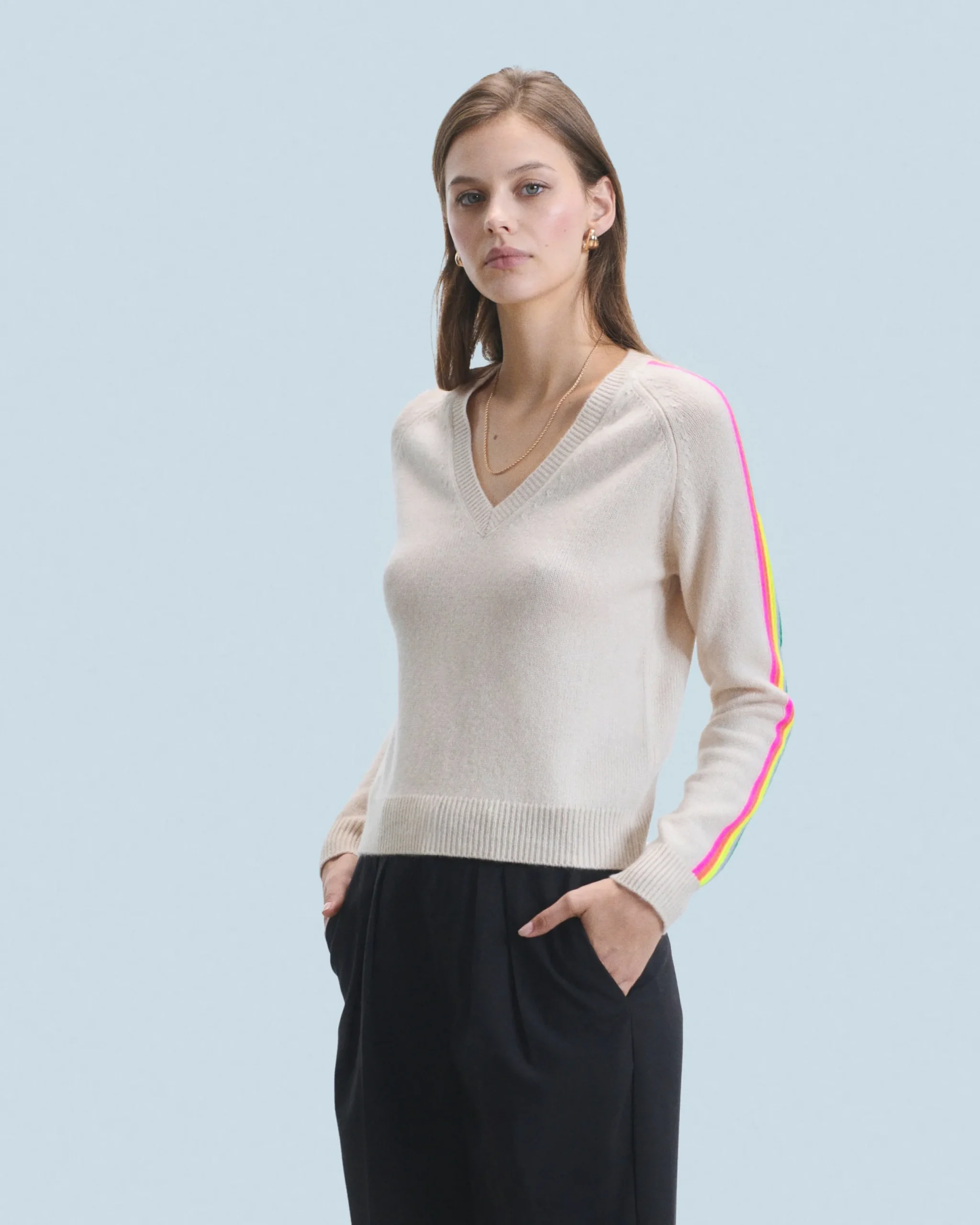 FROM FUTURE Pull Col V Bandes Manches Multicolore Noir Sale