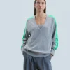 FROM FUTURE Pull Col V Oversize Bandes Bicolore Léger GrisChinéFoncé Best
