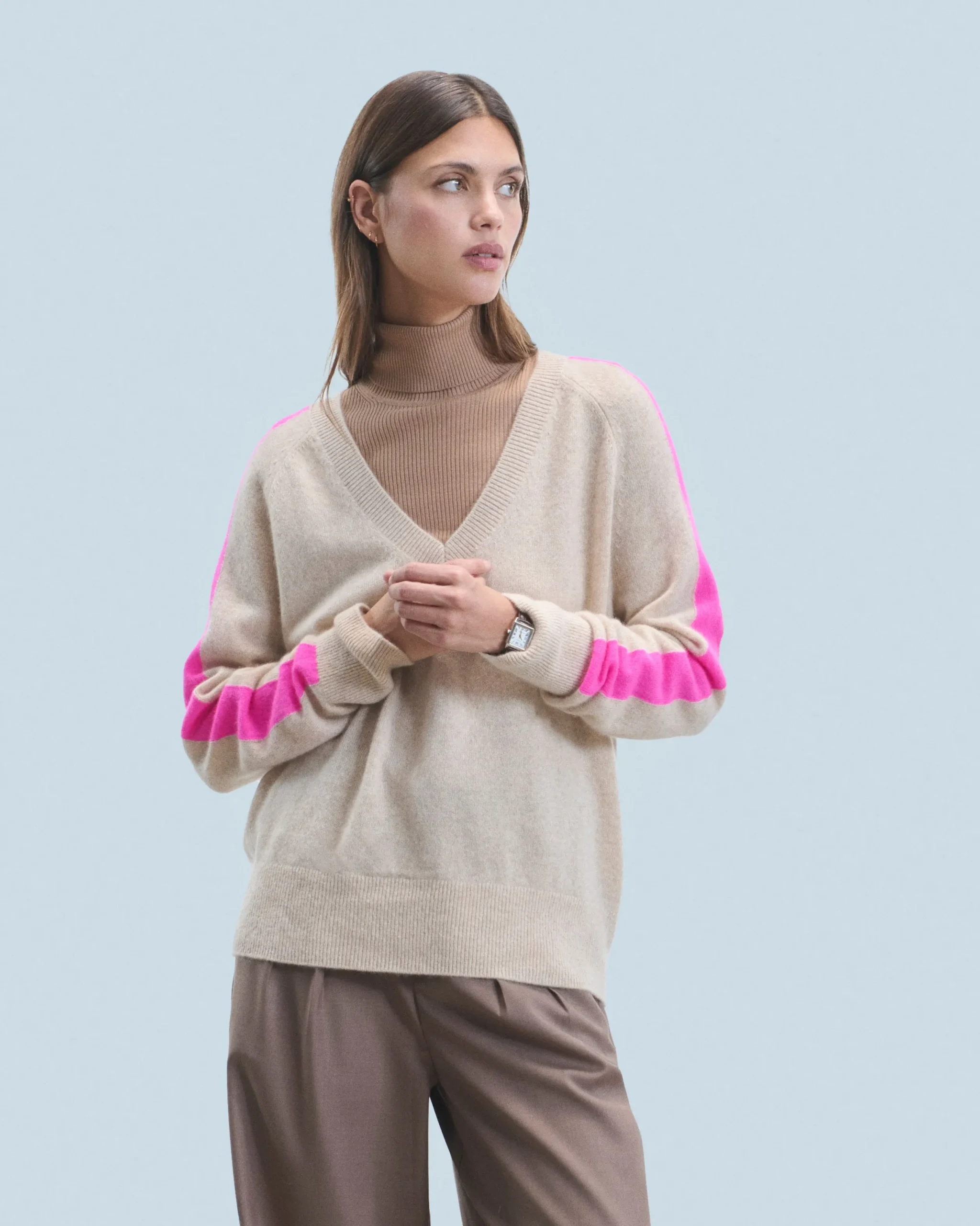 FROM FUTURE Pull Col V Oversize Bandes Bicolore Léger BeigeChiné New