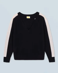 FROM FUTURE Pull Col V Oversize Bandes Bicolore Léger Noir Store