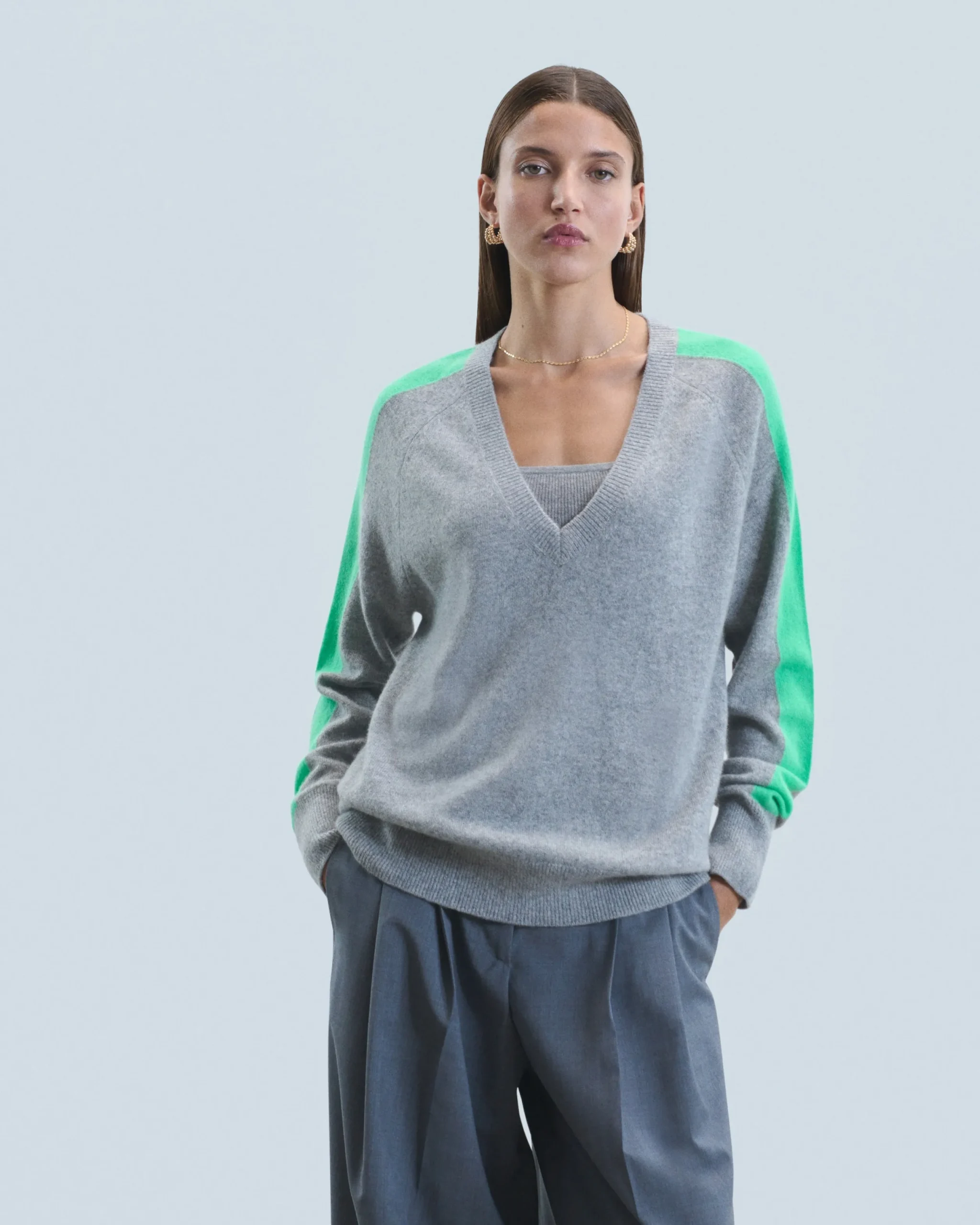 FROM FUTURE Pull Col V Oversize Bandes Bicolore Léger GrisChinéFoncé Best