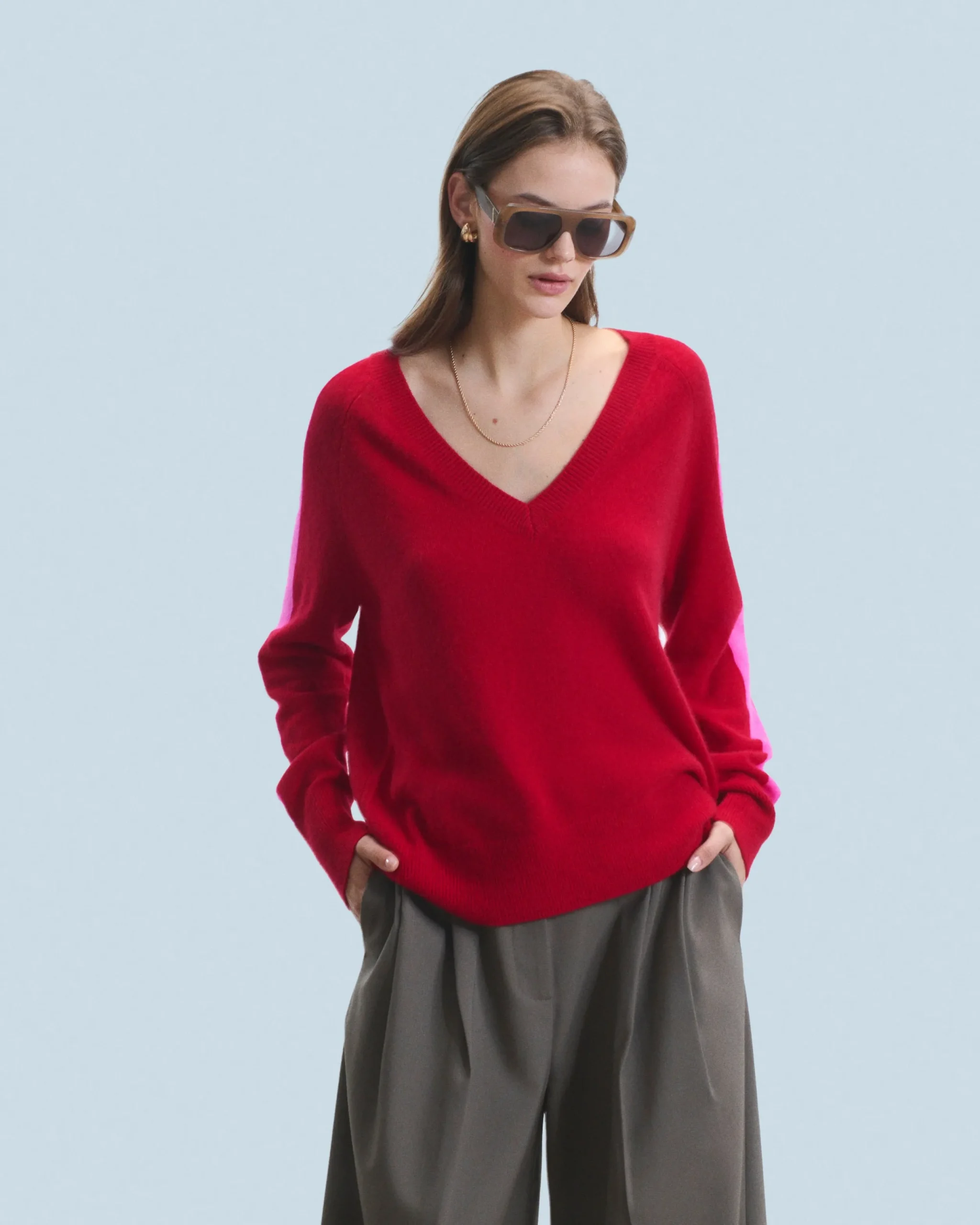 FROM FUTURE Pull Col V Oversize Bandes Bicolore Léger DarkRed Online