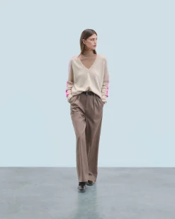 FROM FUTURE Pull Col V Oversize Bandes Bicolore Léger BeigeChiné New