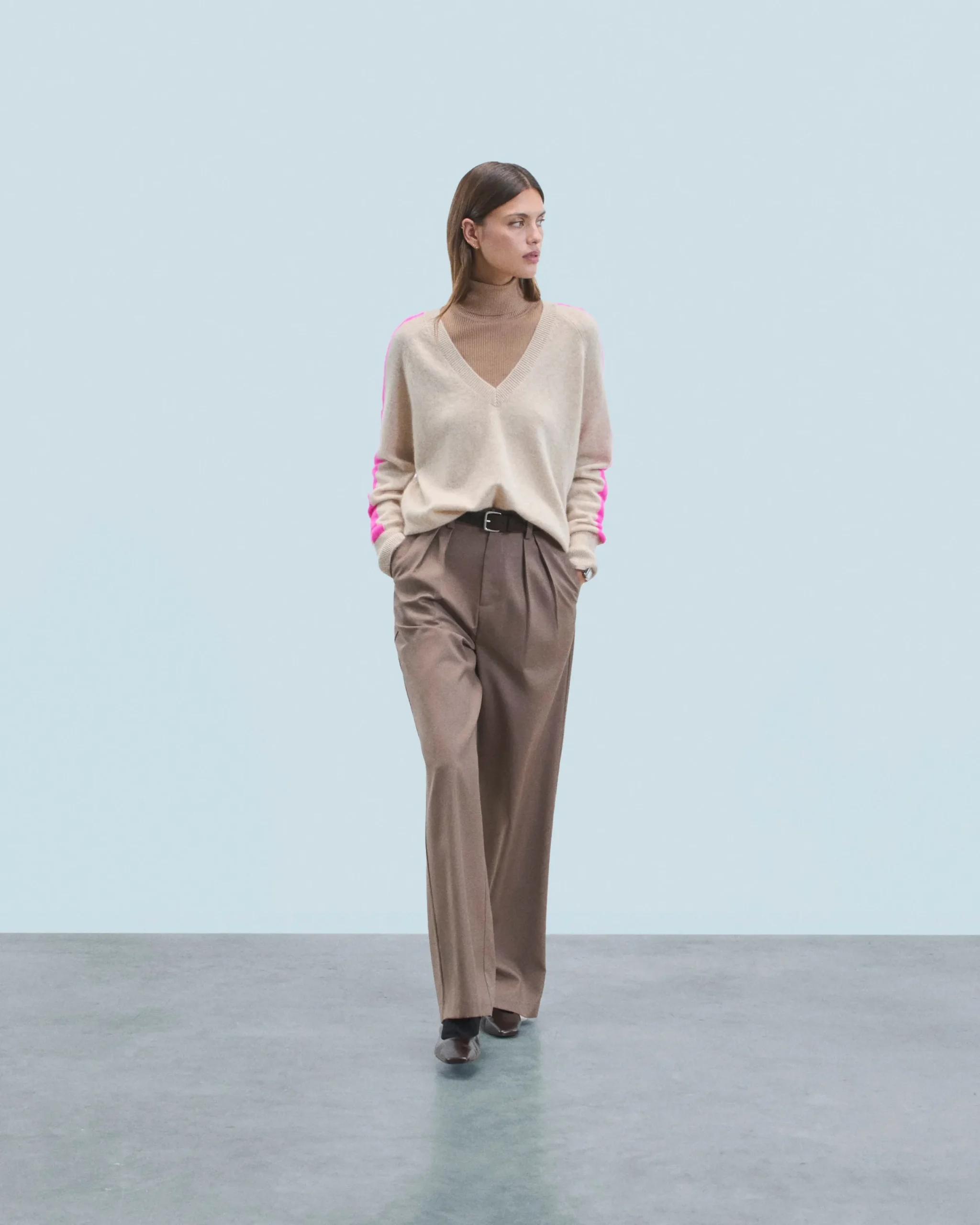 FROM FUTURE Pull Col V Oversize Bandes Bicolore Léger BeigeChiné New