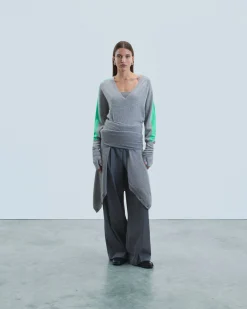 FROM FUTURE Pull Col V Oversize Bandes Bicolore Léger GrisChinéFoncé Best