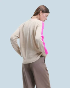 FROM FUTURE Pull Col V Oversize Bandes Bicolore Léger BeigeChiné New