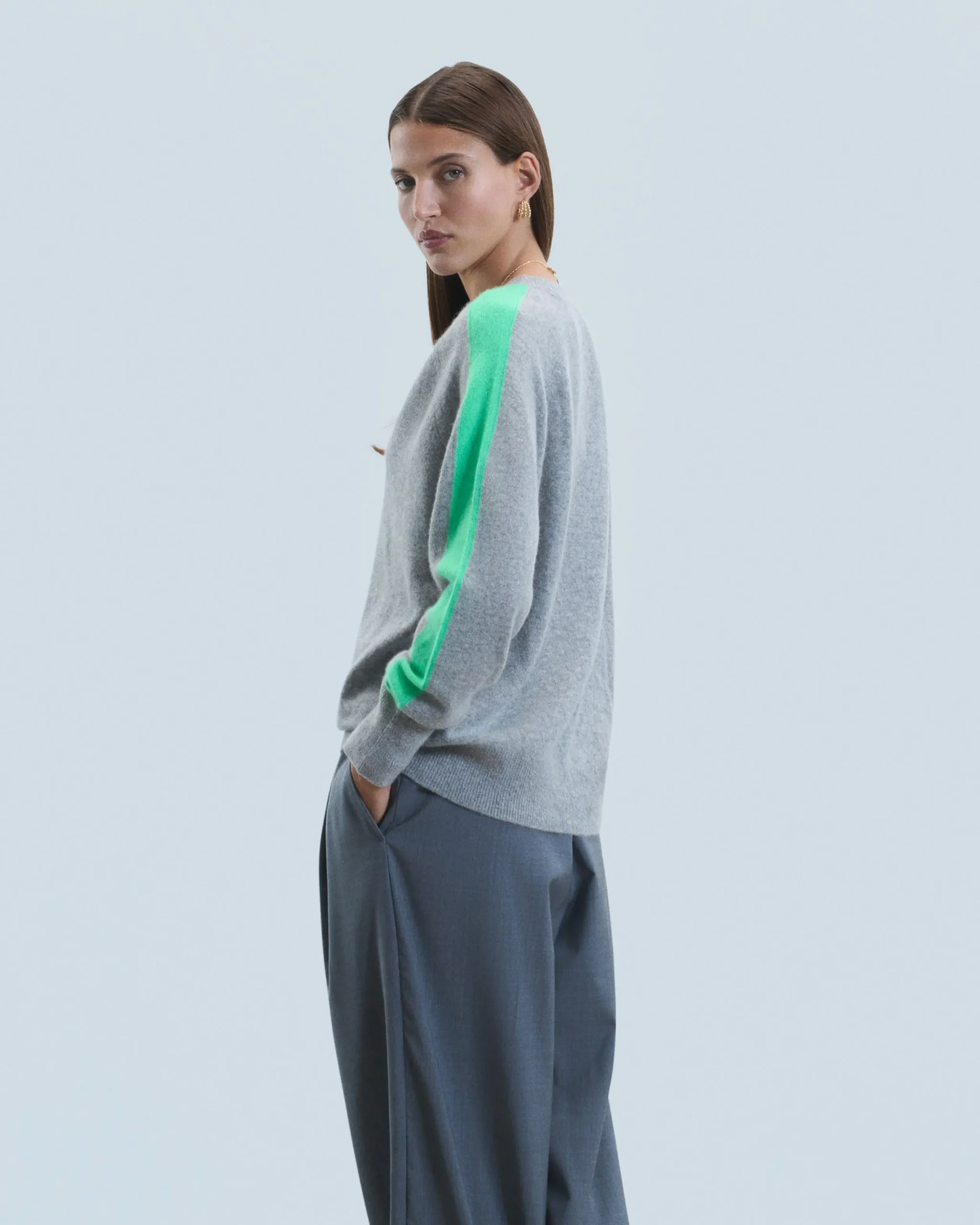 FROM FUTURE Pull Col V Oversize Bandes Bicolore Léger GrisChinéFoncé Best