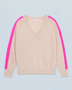 FROM FUTURE Pull Col V Oversize Bandes Bicolore Léger BeigeChiné New