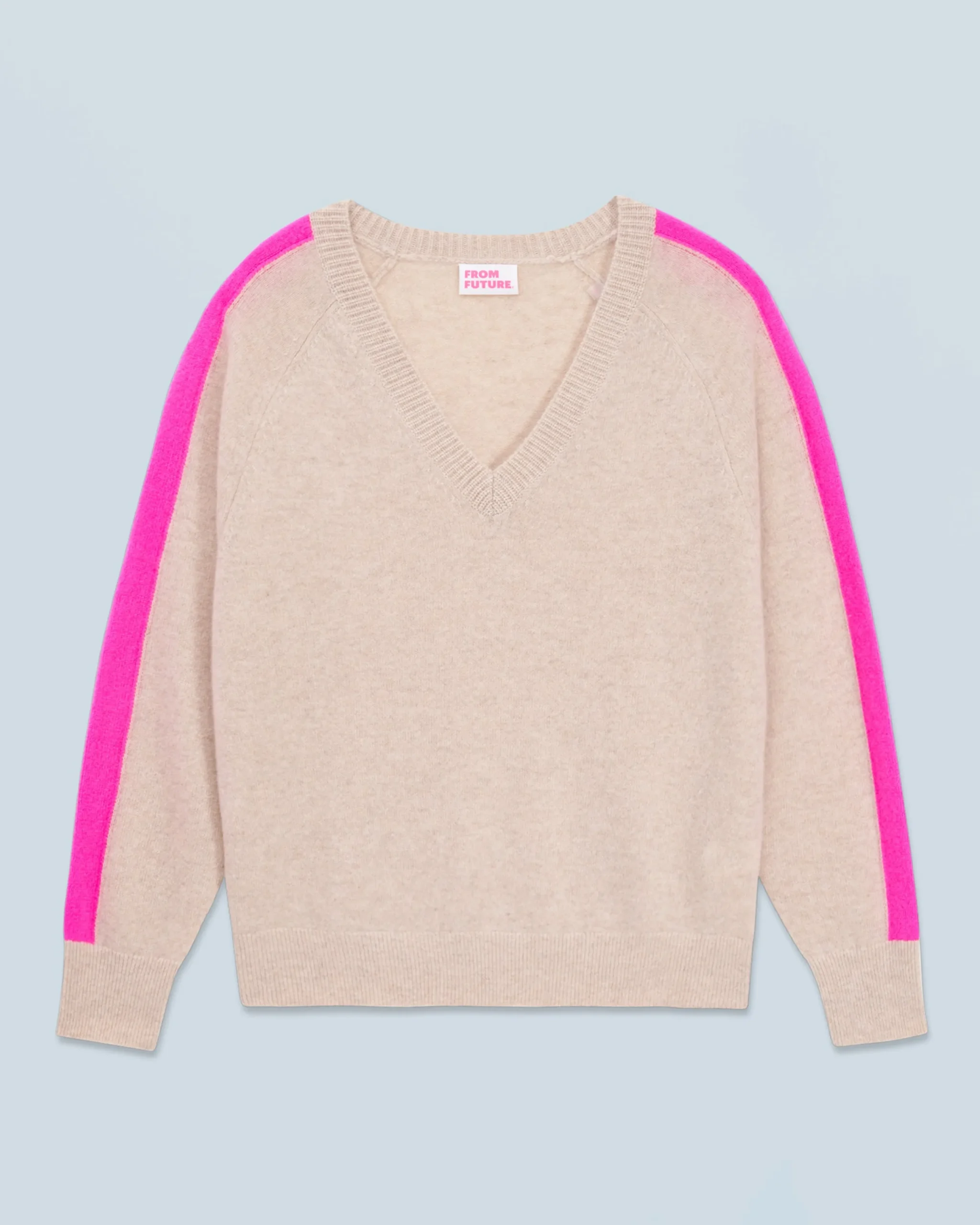 FROM FUTURE Pull Col V Oversize Bandes Bicolore Léger BeigeChiné New