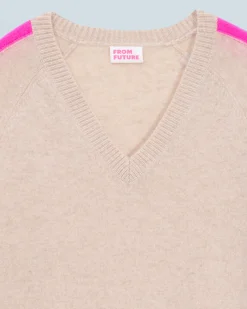FROM FUTURE Pull Col V Oversize Bandes Bicolore Léger BeigeChiné New