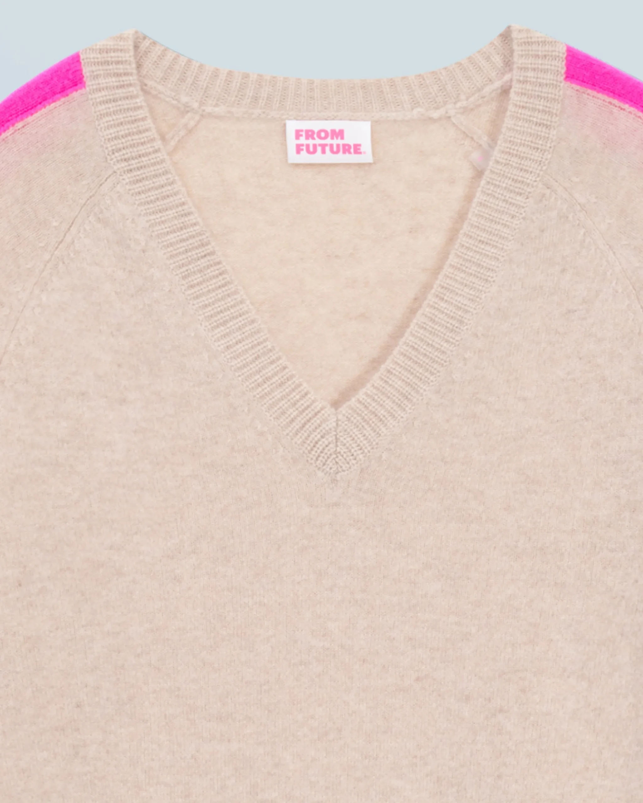 FROM FUTURE Pull Col V Oversize Bandes Bicolore Léger BeigeChiné New