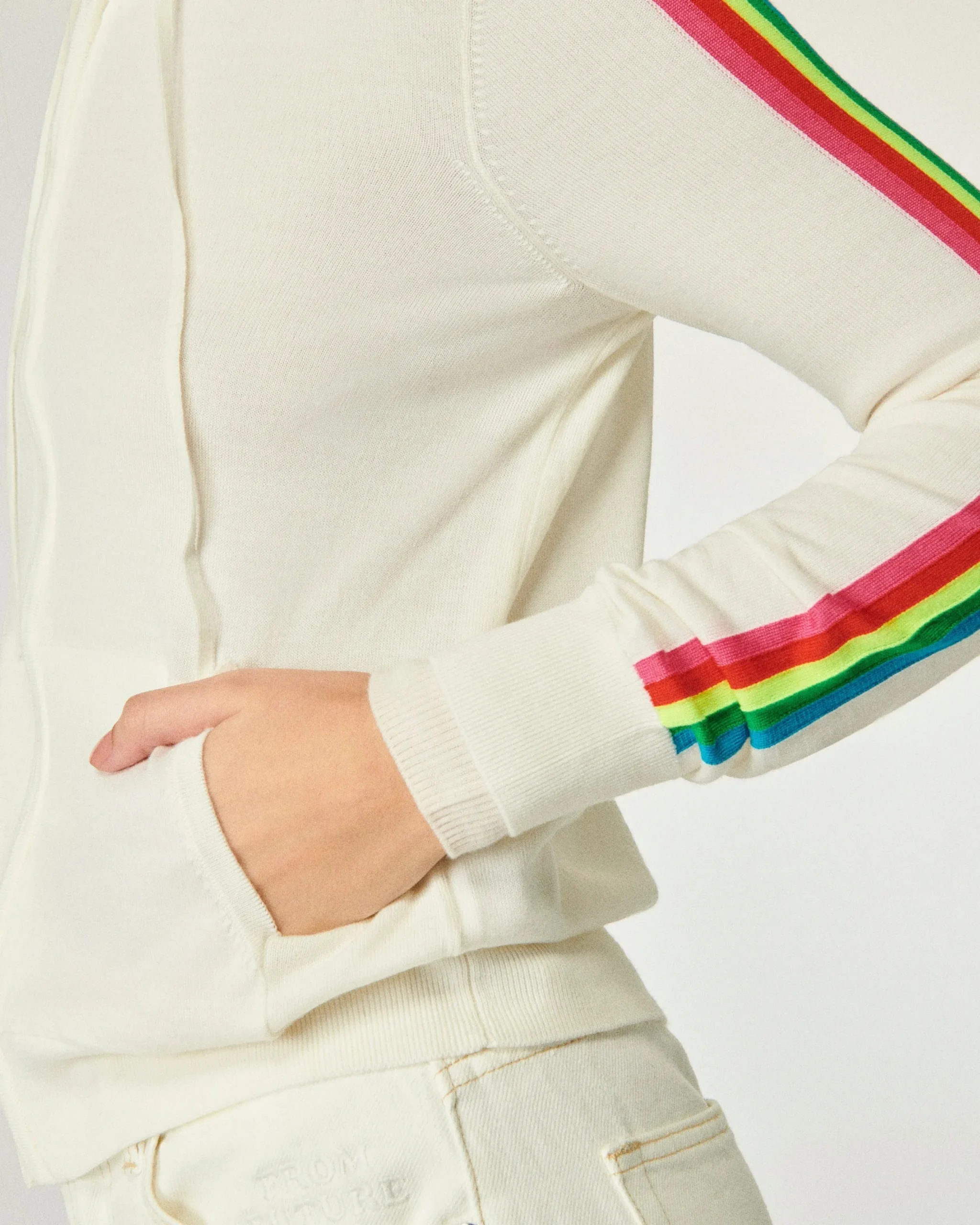 FROM FUTURE Pull Hoodie Zippé Bande Multicolore Ecru Fashion