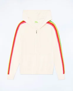 FROM FUTURE Pull Hoodie Zippé Bande Multicolore Ecru Fashion
